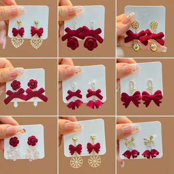 DAIIIBABYYY  -  Winter Red Velvet Flocking Bow-knot Vintage Earrings Women Rhinestone Tassel Pearl Korean Fashion Drop Earring Jewelry